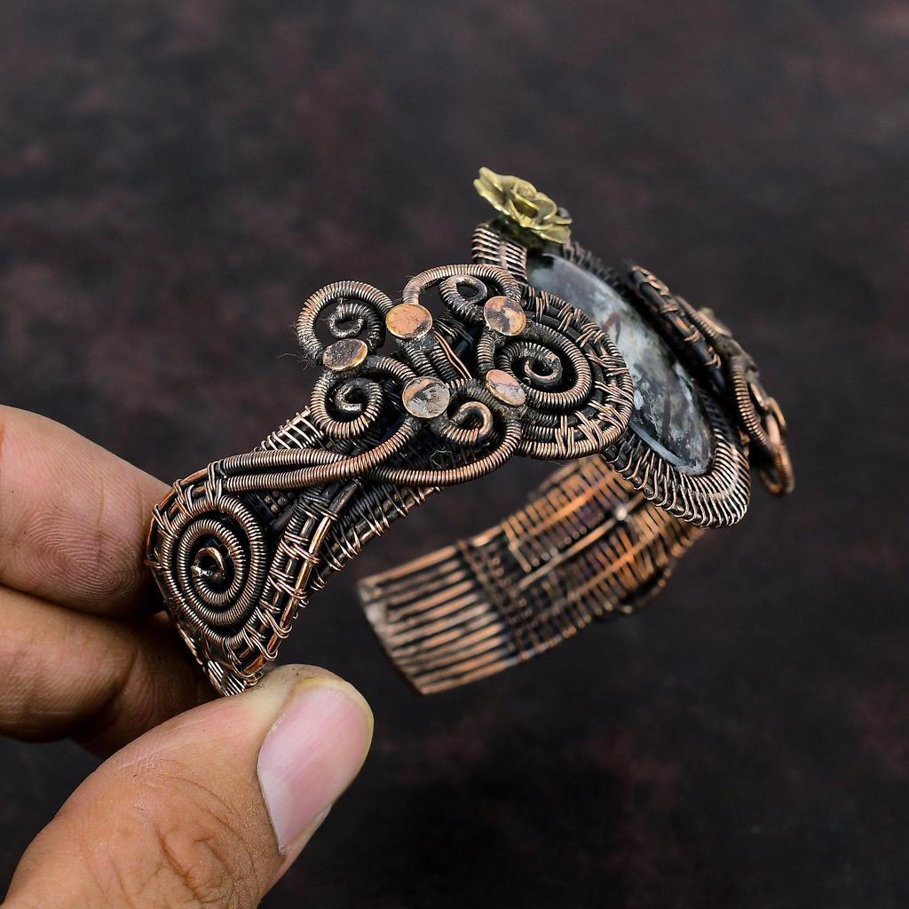 Браслет с астрофиллитом, медная проволока, браслет с драгоценными камнями, регулируемый браслет-манжета, браслет с цветами, медный ювелирный браслет, подарок для него, браслет ручной работы