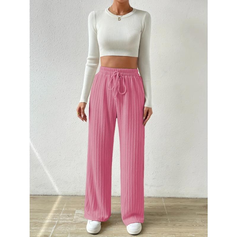 Textured Knit Elastic High Waisted Solid Color Casual Loose Straight Woman