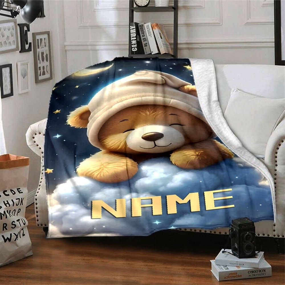 Cute Teddy Bear Sleeping On Clouds Under A Starry Night Sky With Moon And Stars Gift Personalized Blanket Personalized Name Soft Cozy Versatile For