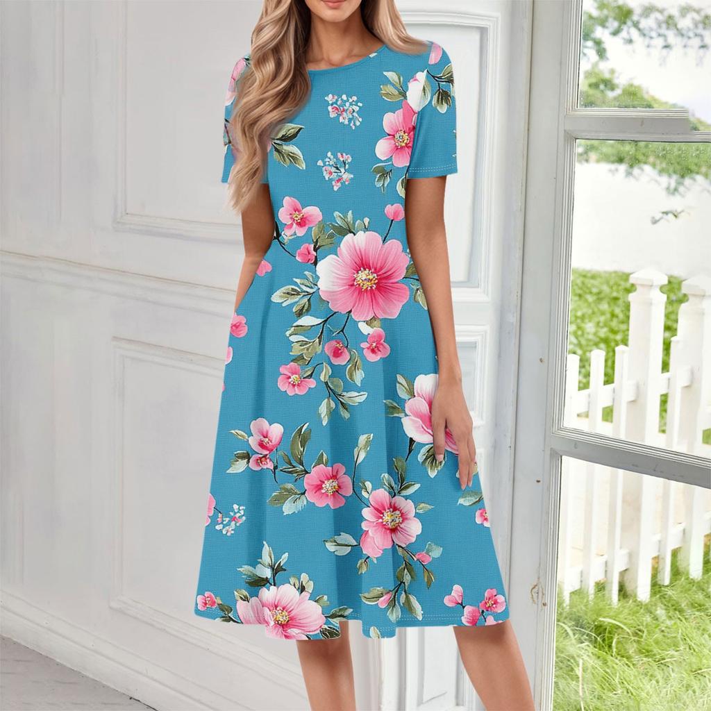 Женское повседневное модное платье миди с круглым вырезом и коротким рукавом с цветочным принтом