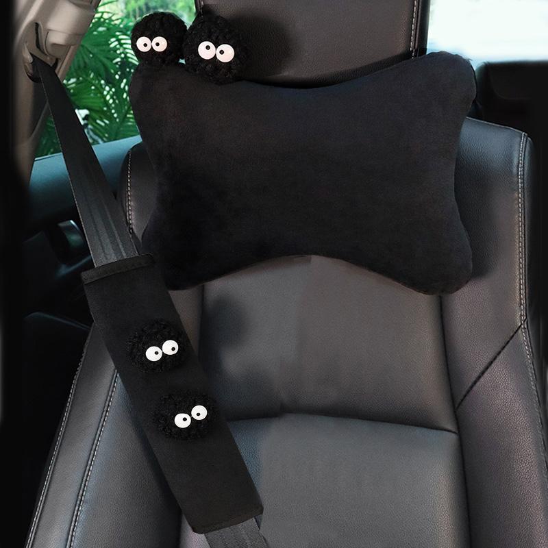 Cute Cartoon Car Pillow Coal Ball Bow Universal Auto Seat Headrest Neck Support Seatbelt Cover Interior Accessories for Women