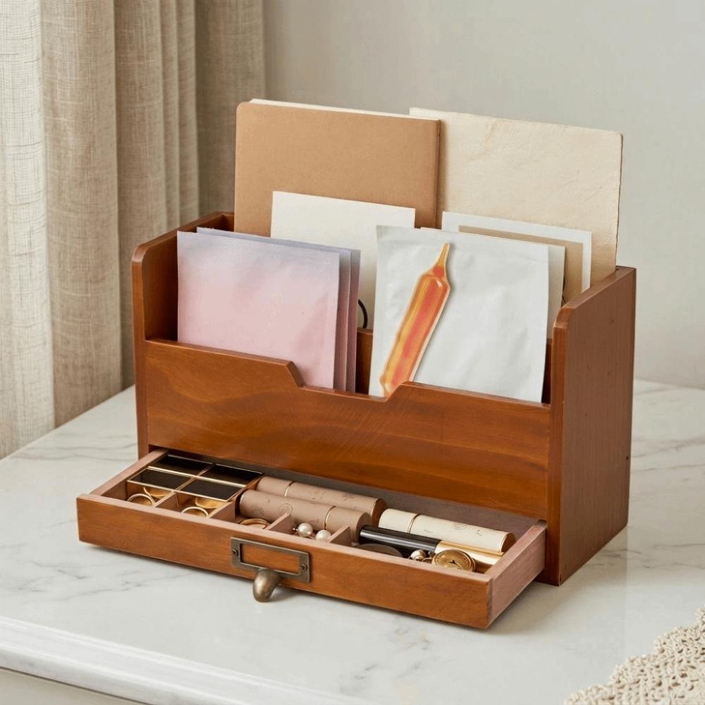Wooden Desktop Drawer Storage Box Rustic Mail Organizer Grocery Organizer for Home