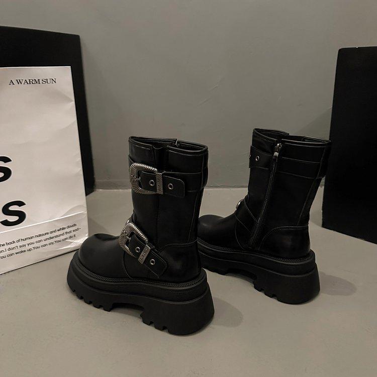 Зимние ботинки винтажные коричневые толстые каблуки толстая подошва женские модели осень Meilad увеличение высоты тонкие короткие ботинки