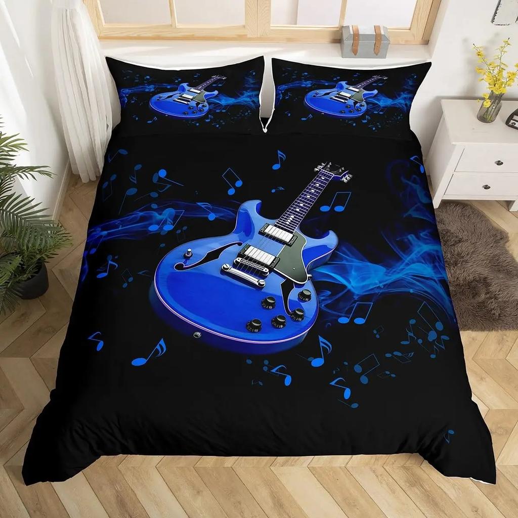 Music Guitar Duvet Cover King Queen Black White and Grey Graffiti Bedding Set Musical Notes Comforter Cover Musical Quilt Cover