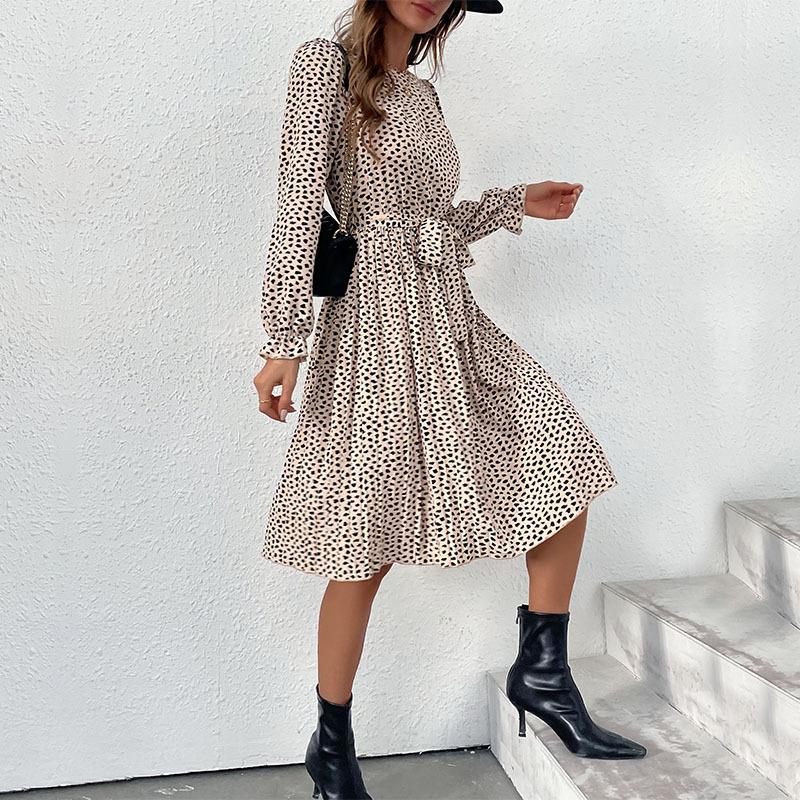 Spring and Autumn Women's Dress Long Sleeve Autumn Tie Printed Fashion Bottom Dresses