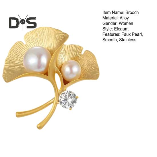 Women Brooch Faux Pearl Decor Ginkgo Leaf Stainless Vintage Anti-slip Coat Collar Hat Scarf Decoration Clothes Pin Garment Jewelry