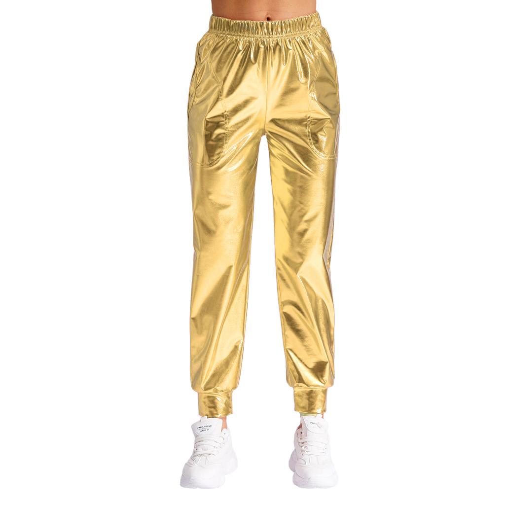 Женские металлизированные танцевальные брюки с высокой талией, эластичный пояс, свободный крой, спортивные брюки, блестящие, современные брюки