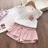 Girls' New Summer Outfit Stylish Children's Flying Sleeve Thin T-shirt Shorts Set