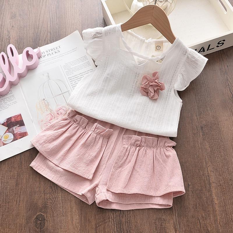 Girls' New Summer Outfit Stylish Children's Flying Sleeve Thin T-shirt Shorts Set