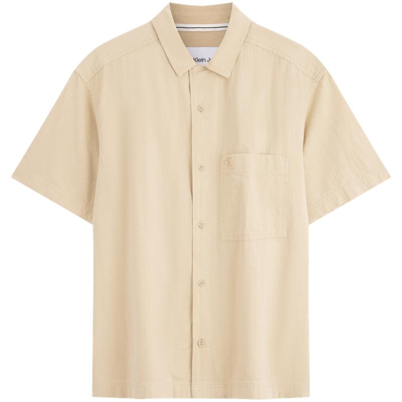 Calvin Klein Casual Minimalist Embroidered Pocket Pleated Cotton Short Sleeve Shirt Men Shirts Khaki J325603