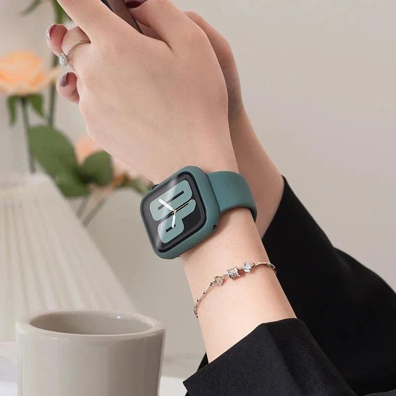 Стекло+корпус+ремешок для Apple Watch band 44 мм 45 мм 42 мм 41 мм 40 мм 38 мм Силиконовый ремешок для часов браслет iWatch series 8 9 7 6 5 4 3 SE