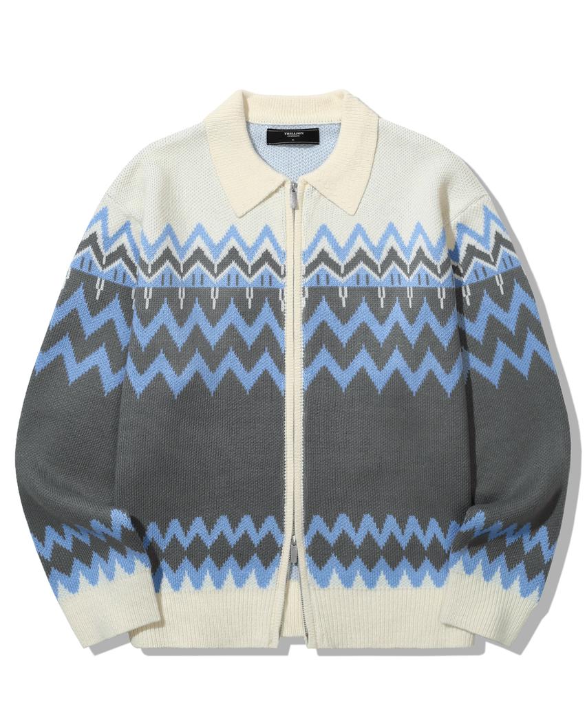 TRILLION Washable Nordic Jacquard Collar Neck 2-Way Zip-Up Knit [Ivory]