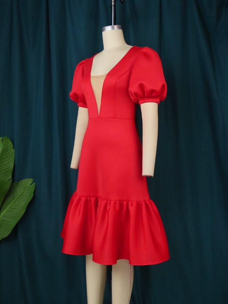 AOMEI Красные платья трапециевидной формы с V-образным вырезом и пышными рукавами с высокой талией, плиссированные длиной до колена, вечерние клубные наряды для выпускного вечера, вечерние платья