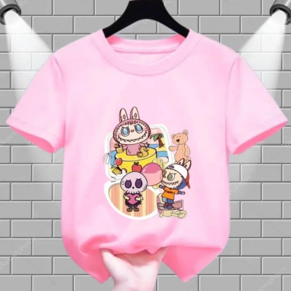 Летняя популярная детская футболка одежда пляжный отпуск Labubu с принтом для девочек круглый вырез короткий рукав повседневный топ