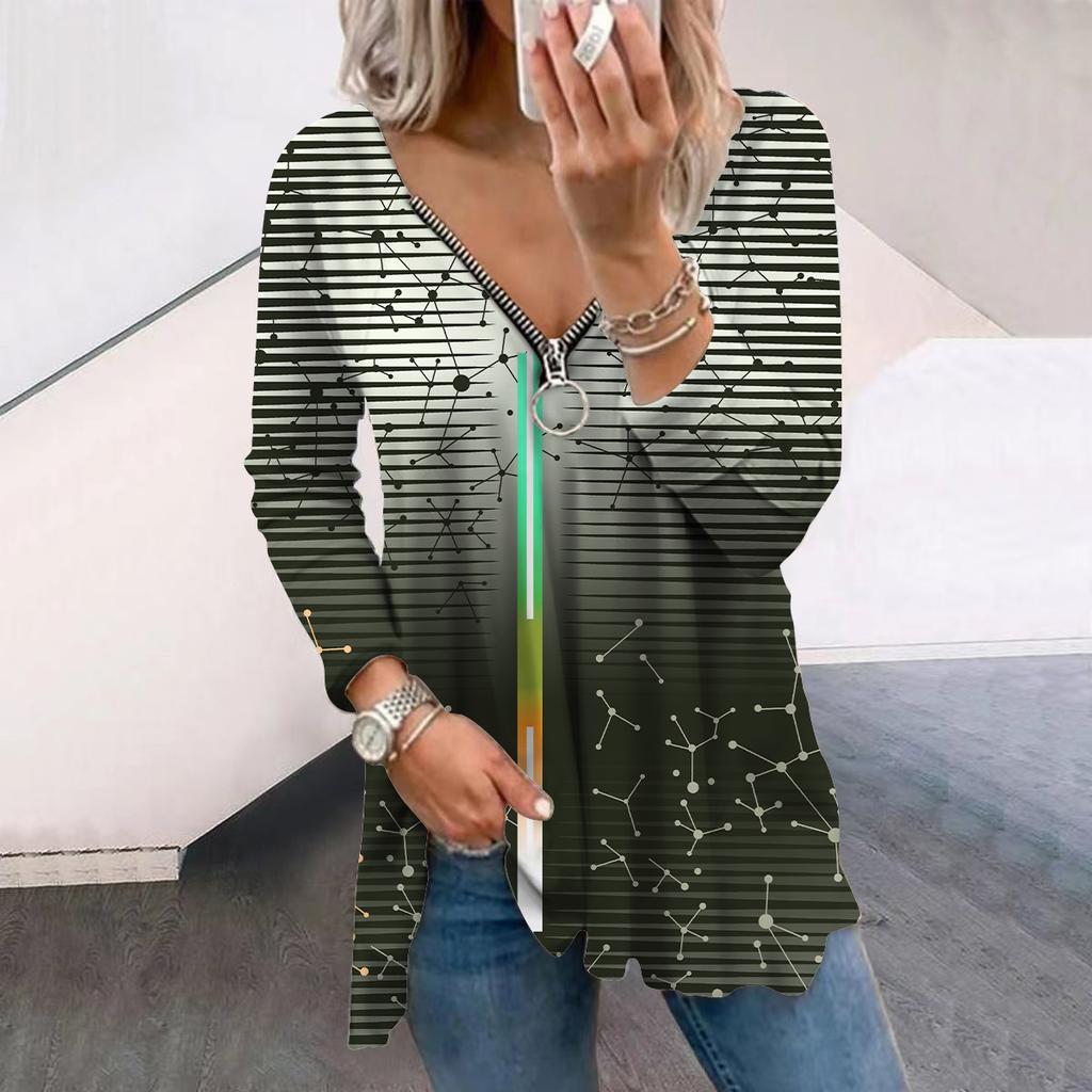 Women Autumn Line Atom Printed Long Sleeve T-Shirts Loose V-Neck Plus Size Tee Shirt Tops Comfy Blouse