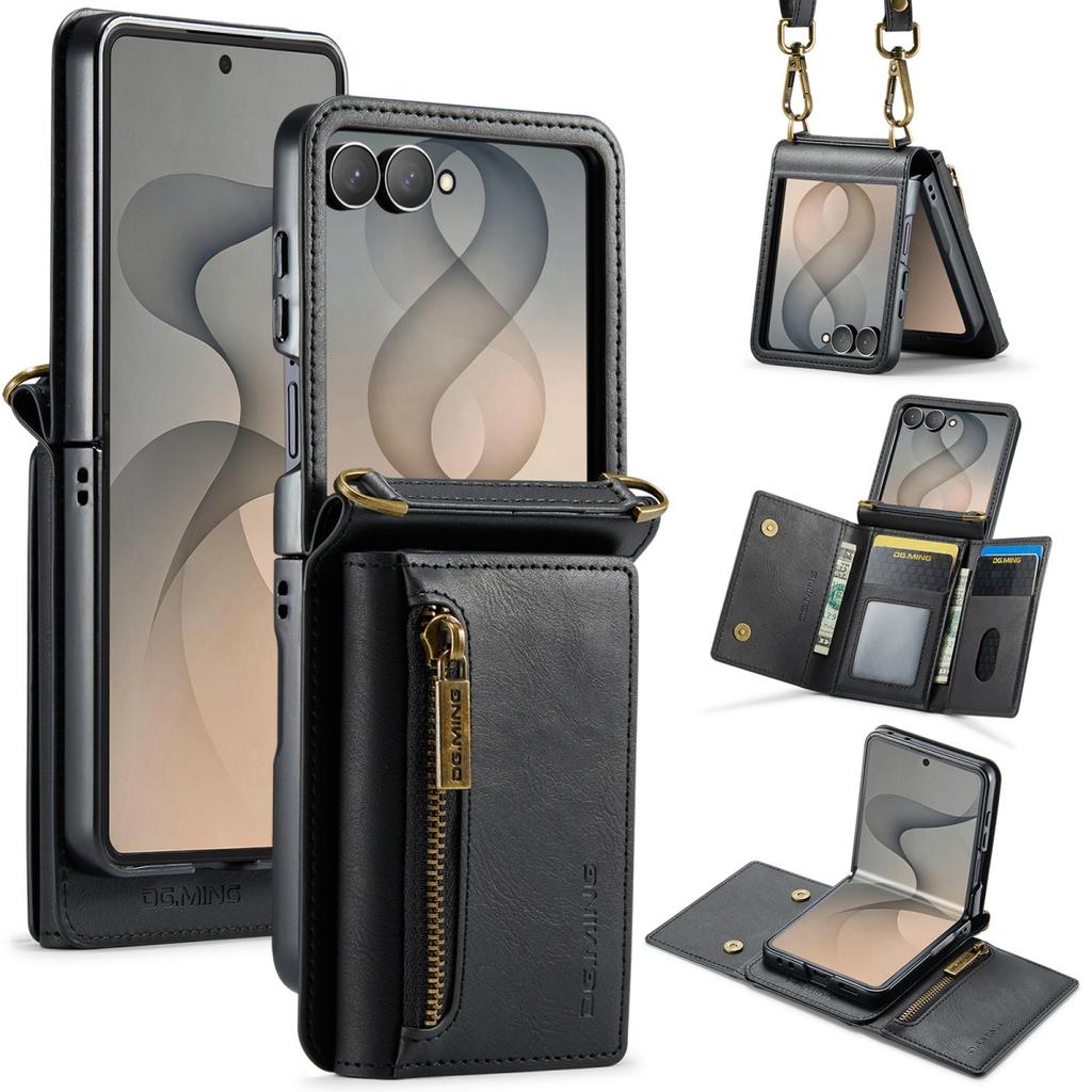 Роскошный кожаный чехол-книжка 2-в-1 для Samsung Galaxy Z Flip 8 7 6 5 4 3 7FE С магнитной застежкой Кошелек Отделение для карт Молния Ремешок Чехол