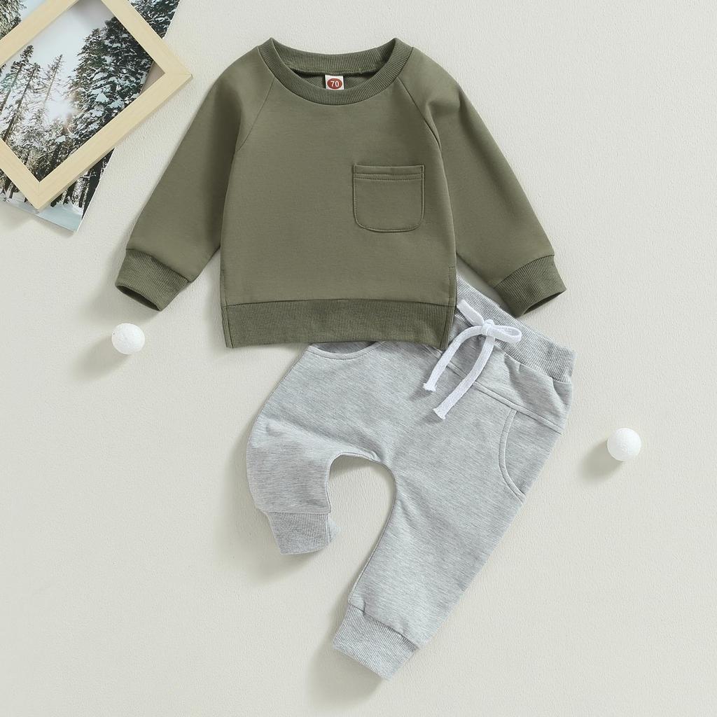Baby Boys Pants Set, 6M 12M 18M 24M 3Y Long Sleeve Crew Neck Sweatshirt with Elastic Waist Sweatpants Infant Clothes
