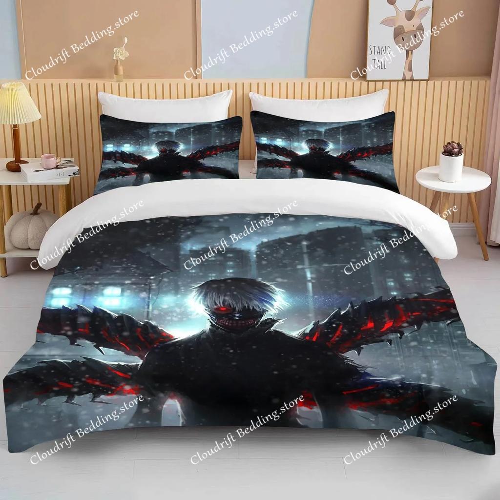 Новый японский постельный комплект Tokyo Ghoul Канеки Кен Аниме Постельный комплект Черный Белый Комплект пододеяльника Мальчик Домашний текстиль 3d Одеяло Постельное белье
