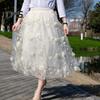 Women Midi Skirt Elastic High Waist Floral Embroidery Print Mesh Skirt Double Layered Tulle Large Hem A-Line Skirt