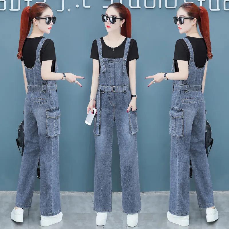 Джинсовые комбинезоны женские весна-осень свободные модные брюки с карманами и широкими штанинами
