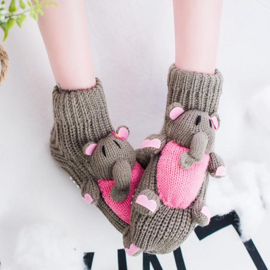 1 Pair Winter Socks 3D Cartoon Animal Socks Knitted Anti-slip Mid-tube Thickened Elastic Keep Warm Floor Socks with Silicone Dot Soles