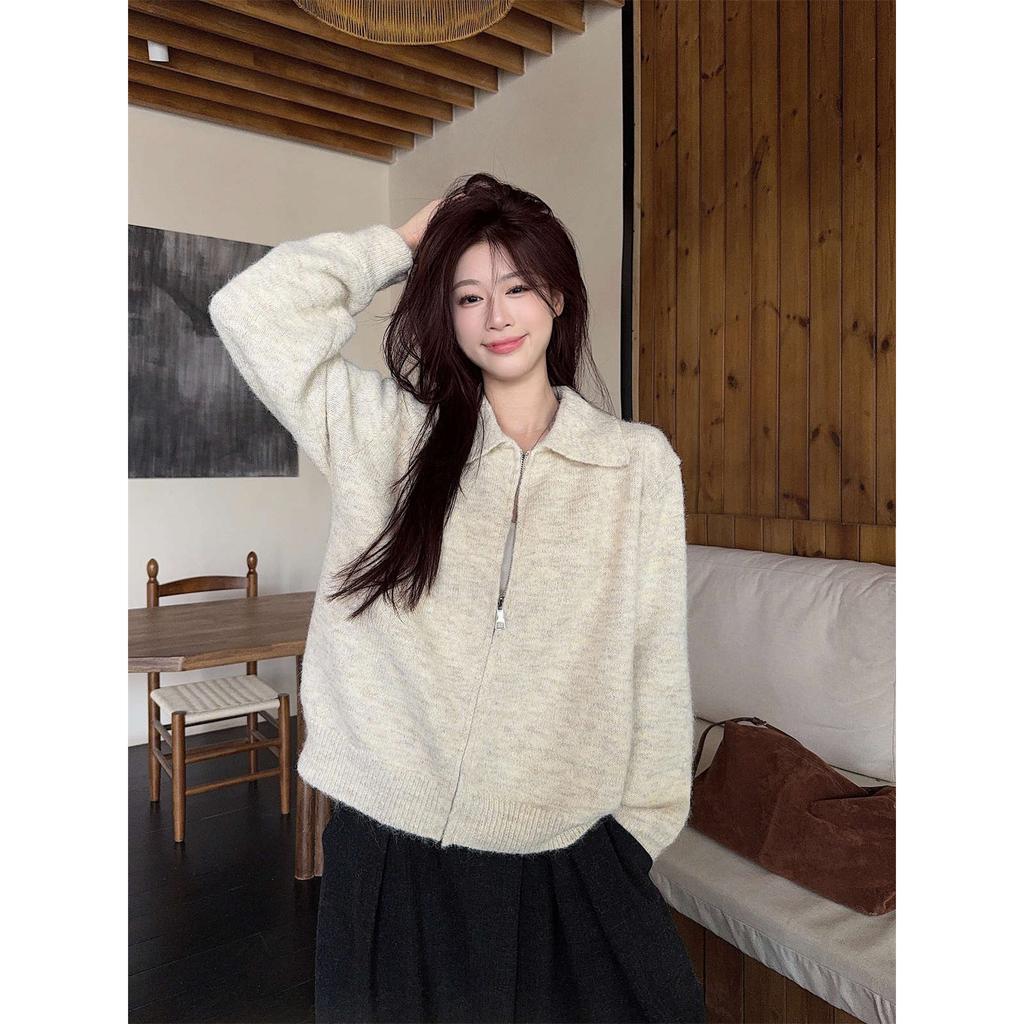 Универсальный трикотажный кардиган для通勤, женский осенне-зимний на молнии с воротником поло, многослойный повседневный свитер-жакет