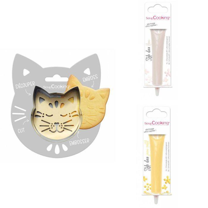 Cat Embossed Cookie Kit + 2 White Chocolate and Pastel Yellow Pens