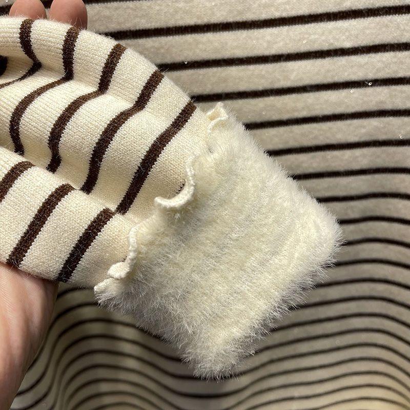 Осень Зима Утепленный Флисовый Пуловер Элегантный С Длинным Рукавом Топы для Внутренней Носки Новый Стиль Полосатые Теплые Повседневные Топы Женские 2025