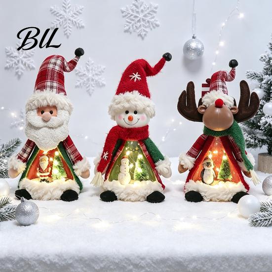 Indoor Xmas Atmosphere Light Lighted Christmas Doll Decoration, Cute Plush Santa Claus/Snowman/Reindeer Figurine with Standing Character Set Warm LED