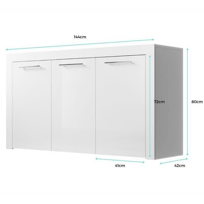 Sideboard 3 doors | 144 x 80 x 42 cm | Color White Glossy Finish | Storage | NELIA