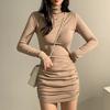 Korean Sexy Slim-Fitting Long-Sleeved Hip-Wrapped Dress For Women'S Autumn And Winter Waist Tight Bottom Short Skirt