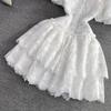 Summer High Quality Women White Mesh Embroidery Flower Party Dress Sweet Girls Puff Sleeve Ruffles Princess Cake Dresses