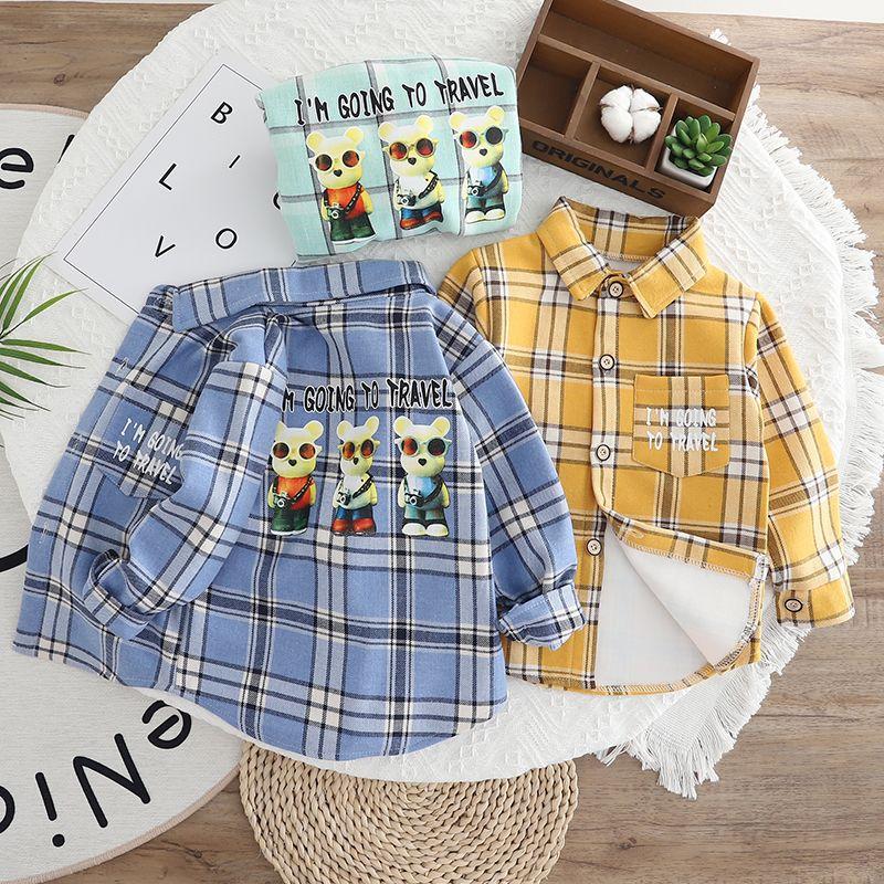 Рубашка из плюша для мальчиков, хлопковая шерсть, теплая рубашка для детей на осень и зиму, клетчатая рубашка, корейская куртка для малышей