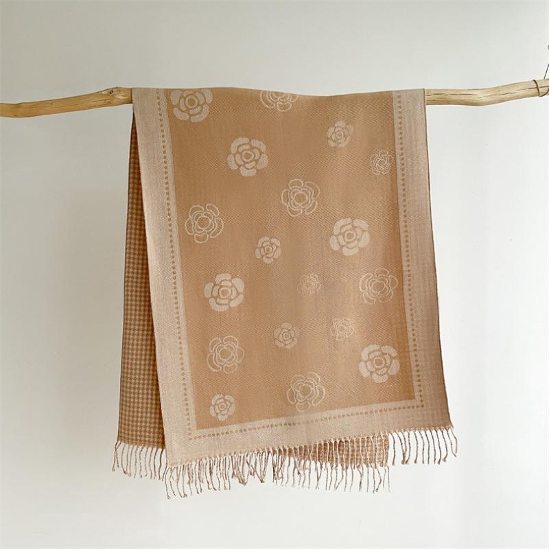 Scarf Women's Autumn and Winter New Core-spun Yarn Camellia Thousand Bird Grid Double-sided Warm Shawl Versatile Decorative Cashmere Scarf