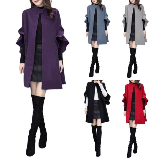 Женское зимнее пальто с рукавами-лепестками, воротником-стойкой, накидкой-трапецией, кардиганом средней длины с открытыми стежкам, шерстяным пальто для улицы, пончо