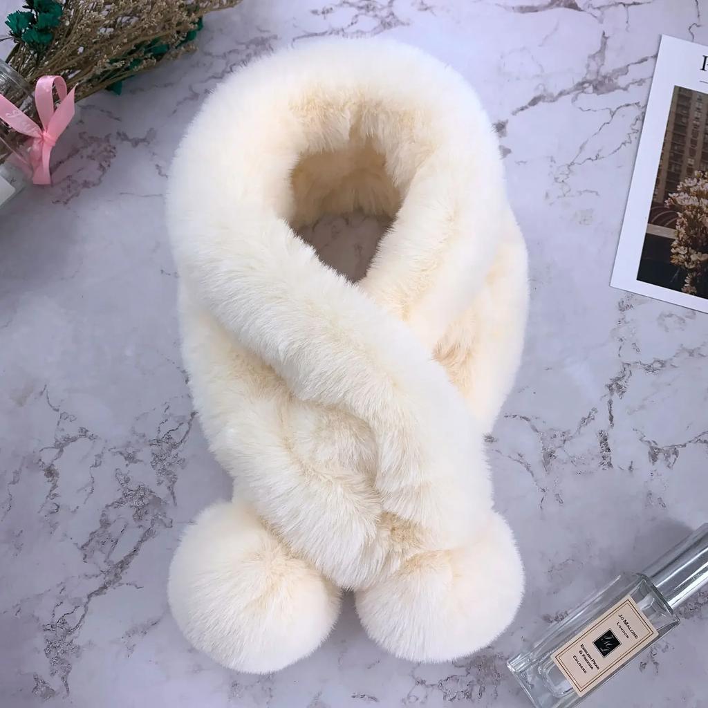 Scarf Female Autumn and Winter New Fur Rabbit Fur Plush Thick Warm Scarf Solid Color Fur Ball Cross Student Children