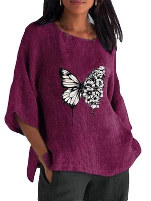 Женская рубашка с длинным рукавом размера 3/4, модный хлопковый льняной топ с круглым вырезом, женские повседневные свободные блузки с принтом