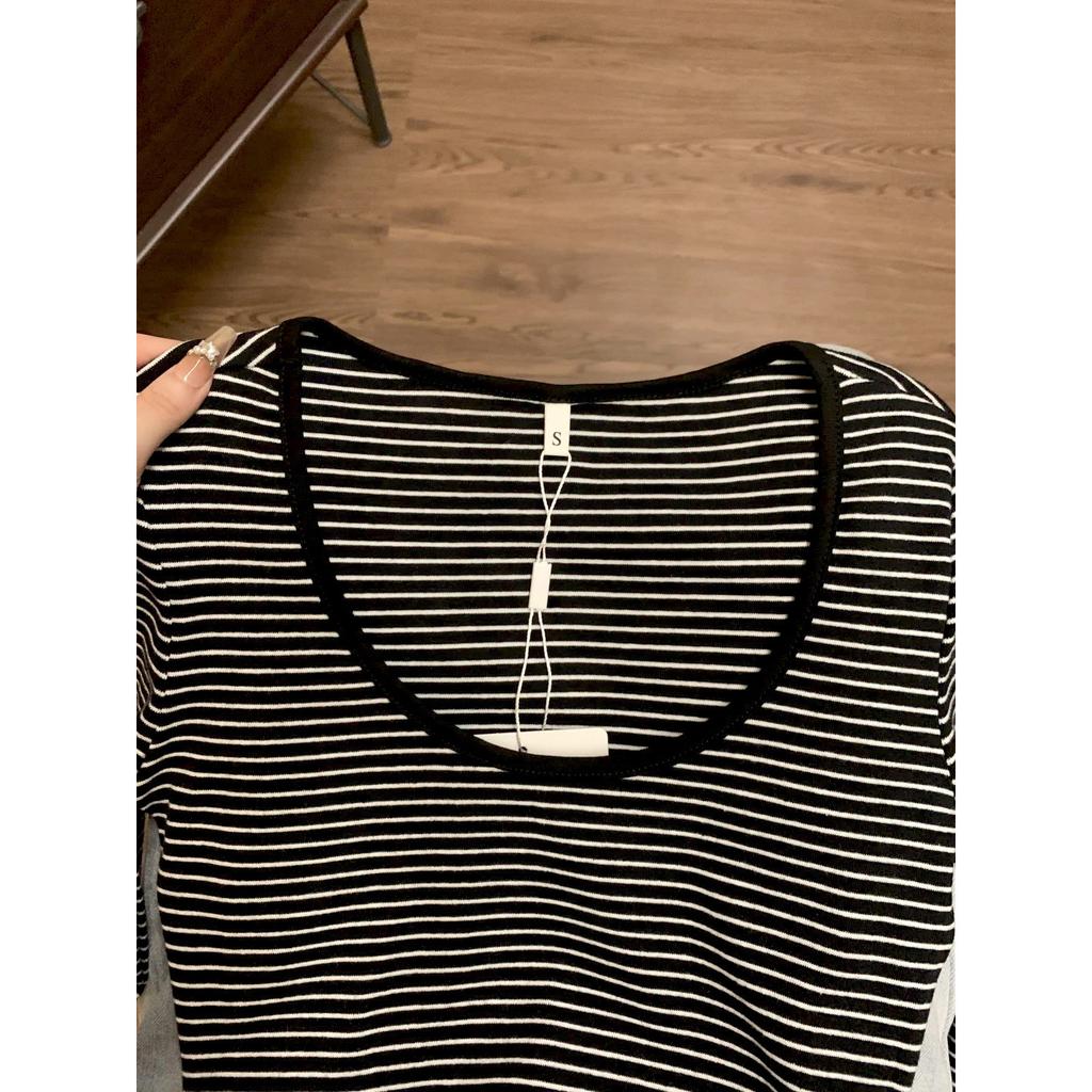 Contrasting Color U-neck Striped Long-sleeved Bottoming Shirt Women's Spring New Slim-fit Spice Girl Style T-shirt with Top Inside