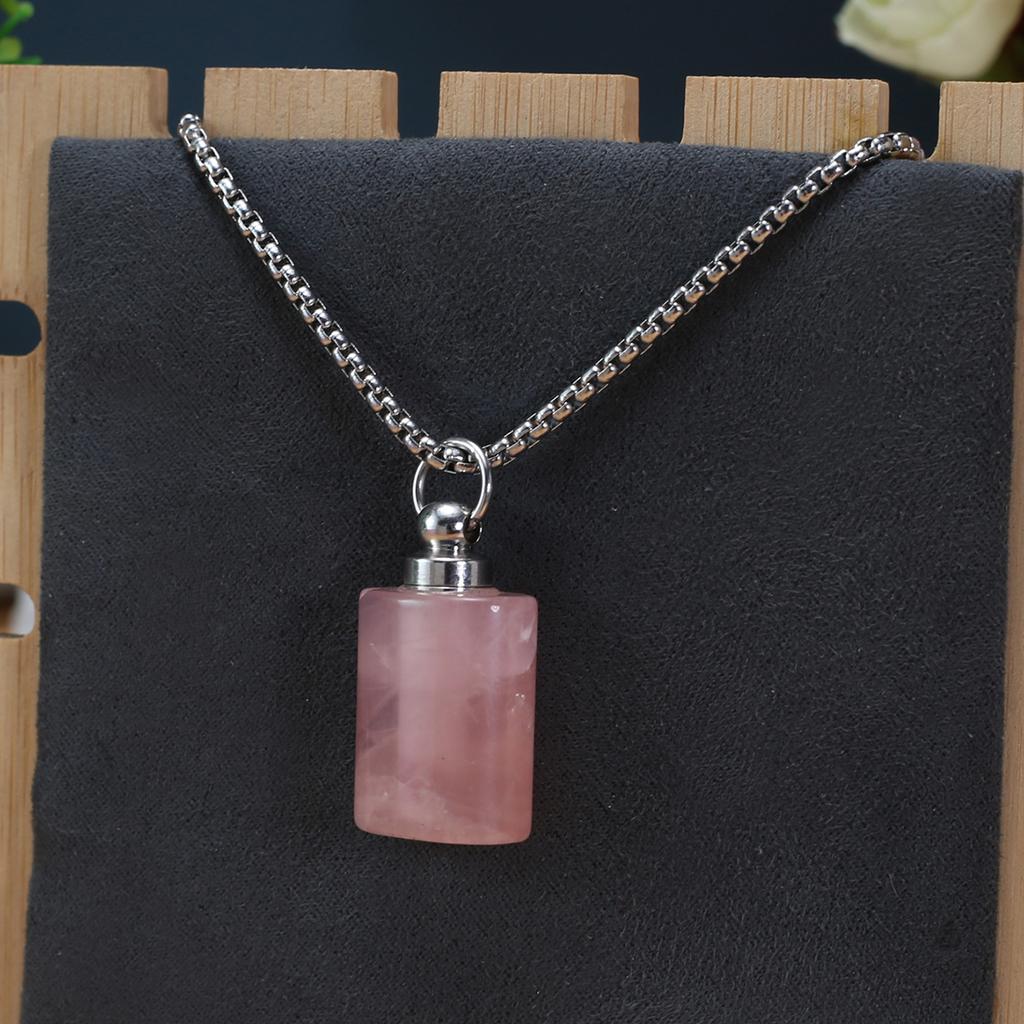1Pc Healing Crystal Perfume Bottle Necklace Pendant Flat Cylinder Charm Silver Chain Necklaces for Women Jewellery 30x18mm