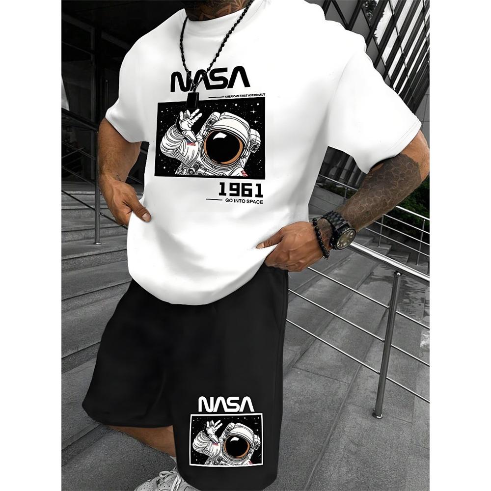 Summer Everyday Casual Men's Short Sleeve Shorts Set Colorful Bear Print Men's T-shirt And Colorful Graffiti Print Shorts Set