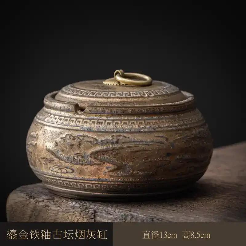 Ceramic Ashtray with Cover Home Office Creative Living Room Chinese Fly Ash Proof Ceramic Ashtray