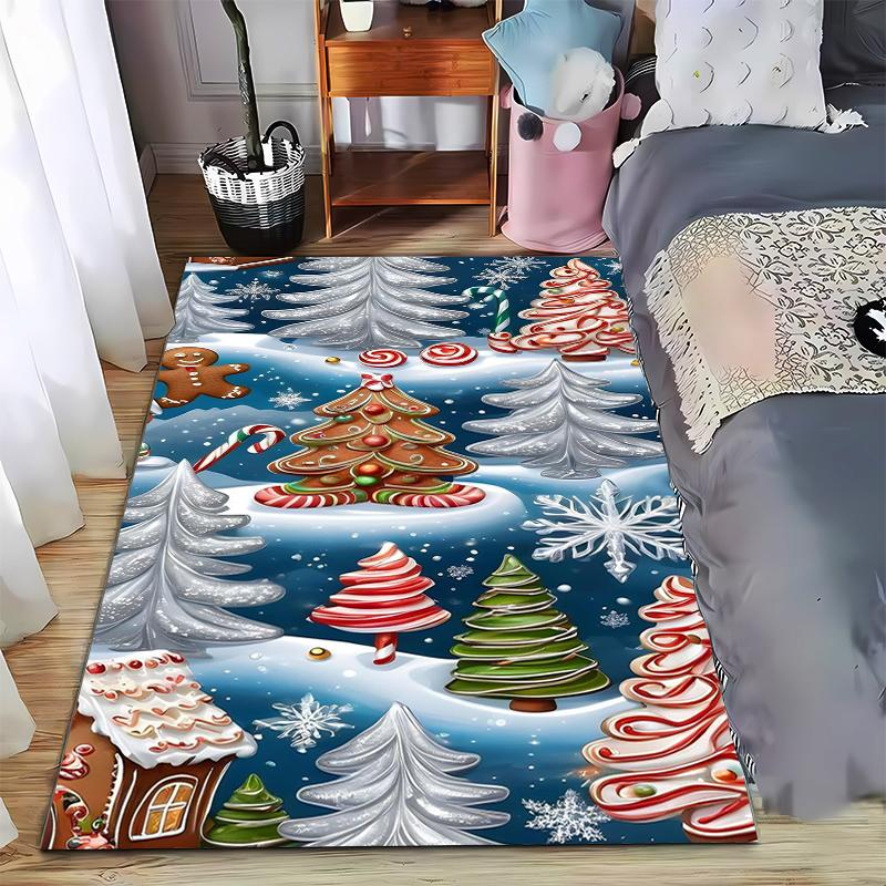 Christmas-themed Carpet with Gingerbread Trees Snowflakes Candy Design Suitable for use as an anti-slip for living room bedroom sofas