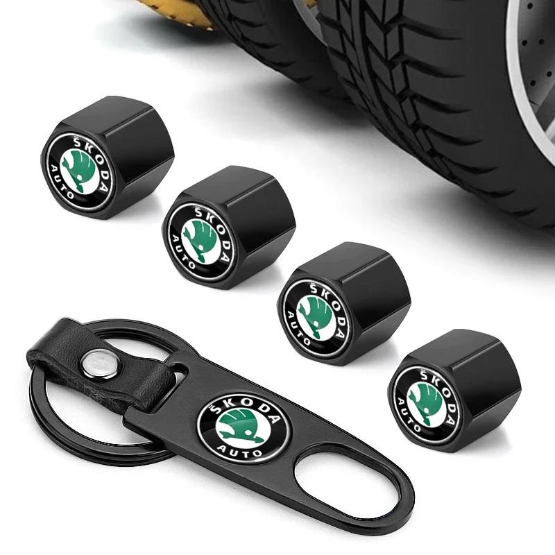 CXUX8 Car Wheel Tire Valve Stems Cap With Keychain Keyring Badge For Skoda A2 Octavia Superb Rapid Kodiaq Karoq Fabia Kamiq Roomster