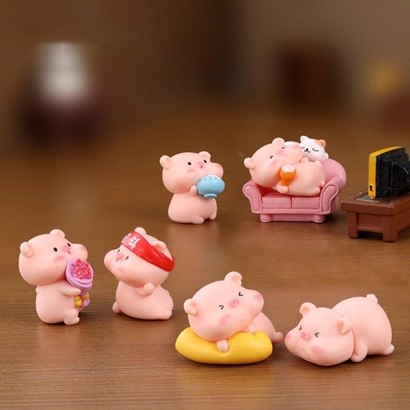 6Pieces Pink Pig Dolls Cartoon Animal Miniature Figurines for Car Rear View Mirror and Home Office Desktop Shelf Decors