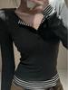 2025 Women's Autumn/Winter Striped Color Block Long-Sleeve Patchwork Two-in-One T-Shirt