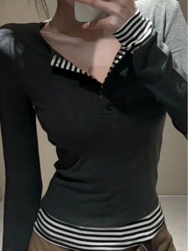2025 Women's Autumn/Winter Striped Color Block Long-Sleeve Patchwork Two-in-One T-Shirt