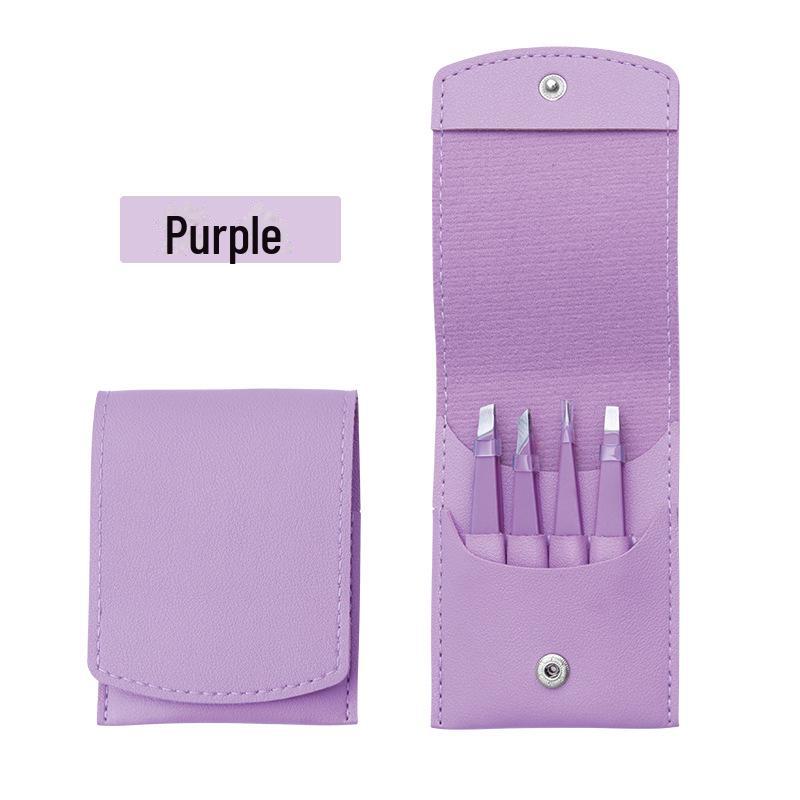 4-Piece Stainless Steel Eyebrow Tool Set with Logo: Tweezers (Oblique & Straight) and Scissors.