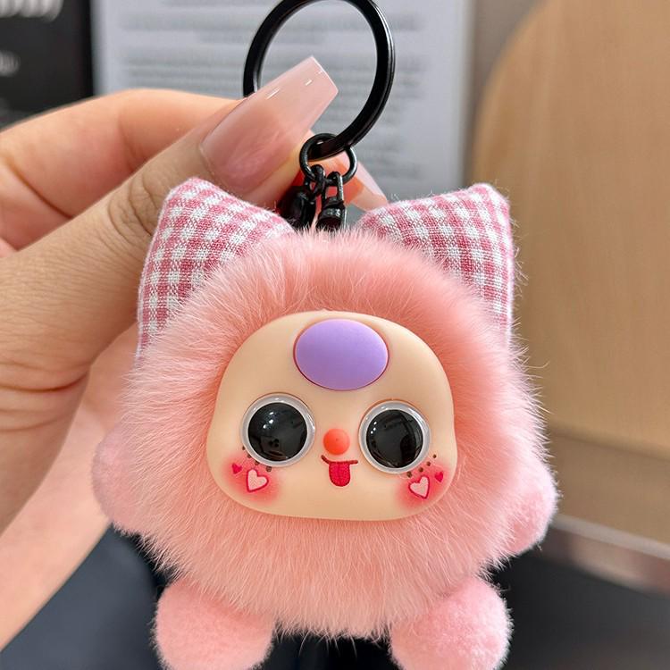 Брелок с бантиком из искусственного рекса и подвеской в виде угольного шарика - Милый шарм для рюкзака в виде куклы