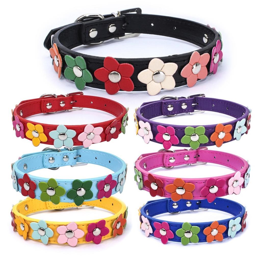 Flowers Pet Dog Collar Leash PU Leather Cat Collier Chain Neck Strap for Small Middle Large Animal Teddy Chihuahua Pug Fashion