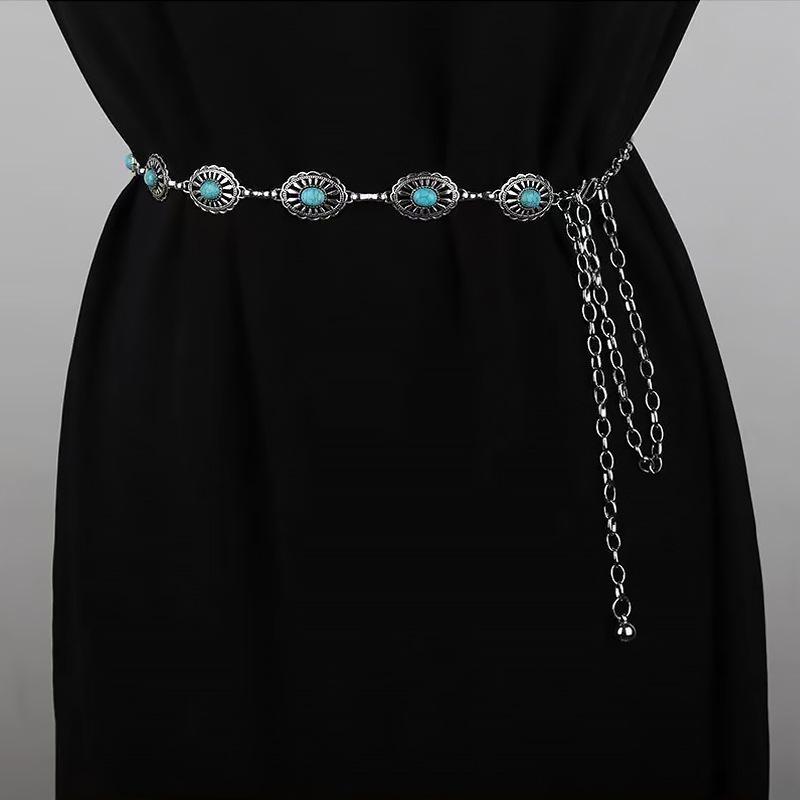Bohemian Style Oval Turquoise Waist Chain Retro Decoration Belts For Women Girls  Versatile Dress Coat Carved Accessories